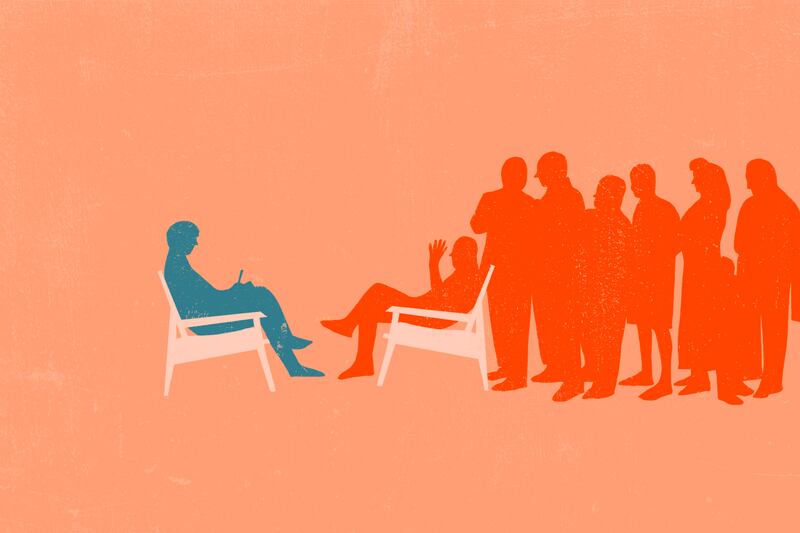 The illustration is of a therapist and a long line of patients.