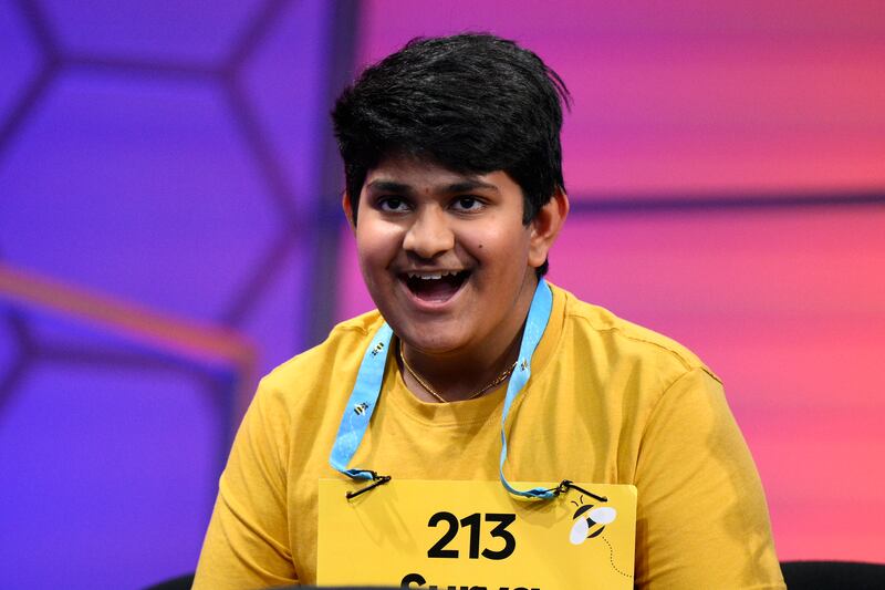Surya Kapu reacts during the Scripps National Spelling Bee in Oxon Hill, Md.