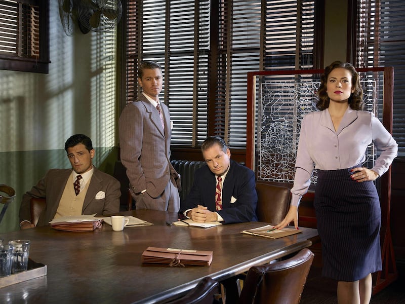 ABC's "Marvel's Agent Carter" stars Enver Gjokaj as Agent Daniel Sousa, Chad Michael Murray as Agent Jack Thompson, Shea Whigham as Chief Roger Dooley and Hayley Atwell as Agent Peggy Carter.