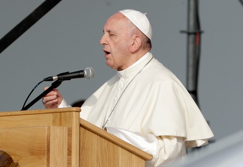 Pope Francis speaks during a meeting with young people and families, in Iasi, Romania, Saturday, June 1, 2019. Francis began a three-day pilgrimage to Romania on Friday that in many ways is completing the 1999 trip by St. John Paul II that marked the firs