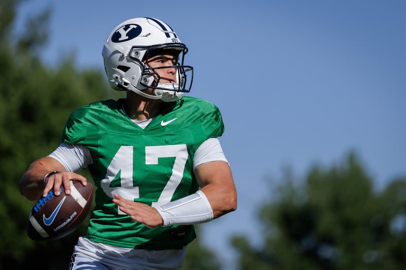 BYU freshman quarterback Bear Bachmeier looks to throw during practice Aug. 12, 2025, in Provo. The Stanford transfer took the majority of the snaps during Tuesday's practice.