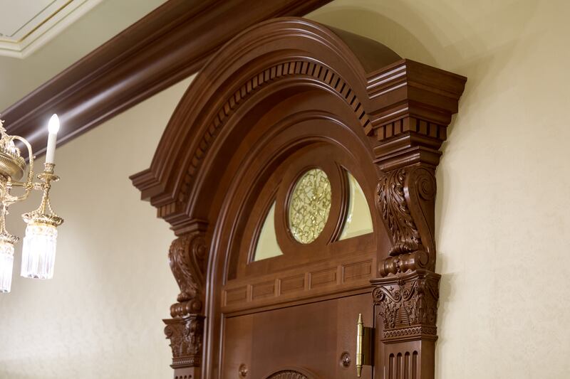 Details on a door frame in the sealing room hallway in the Salt Lake Temple on Wednesday, Aug. 6, 2025.