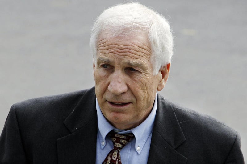FILE - In this June 5, 2012 file photo, former Penn State assistant football coach Jerry Sandusky leaves the Centre County Courthouse in Bellefonte, Pa., after the first day of jury selection for his trial on child sexual abuse charges. In wake of the San