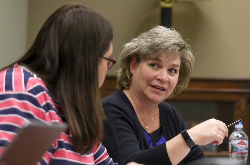 Emily Wiscombe, constituent liaison for Sen. Mike Lee, R-Utah, and Sen. Mitt Romney, R-Utah, talks about the cases she is working on during the casework operations weekly meeting at the Wallace F. Bennett Federal Building in Salt Lake City on Monday, May