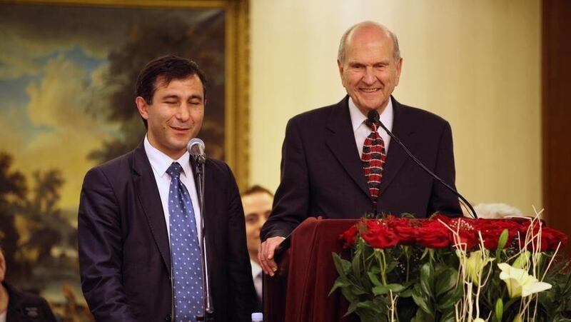 Varuzhan Poghosyan (left) translates as Elder Russell M. Nelson of the Quorum of the Twelve Apostles organizes the first stake of the LDS Church in Yerevan, Armenia.
