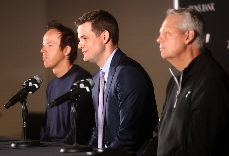 New Utah Jazz head coach Will Hardy, flanked by Jazz owner Ryan Smith, left, and Jazz CEO Danny Ainge, right.