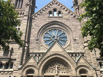 The magnificent Cathedral of the Madeleine as seen from South Temple in Salt Lake City.