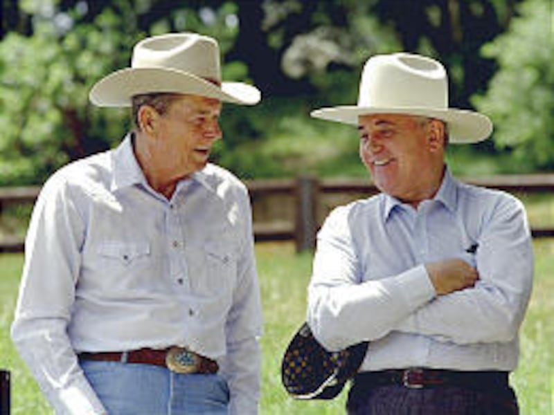 Former President Ronald Reagan and former Soviet leader Mikhail Gorbachev visit at Reagan's ranch in '92.