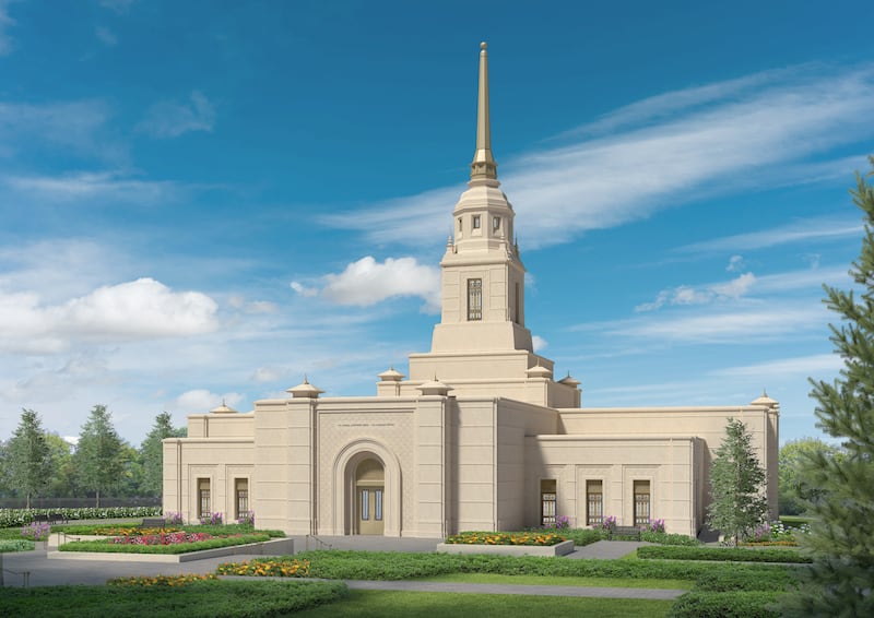 An exterior rendering of the Ulaanbaatar Mongolia Temple.
