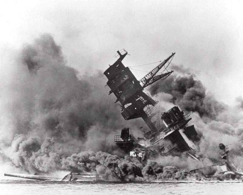 An American ship sinks after being hit during the Japanese attack on Pearl Harbor, Hawaii, on Dec. 7, 1941.