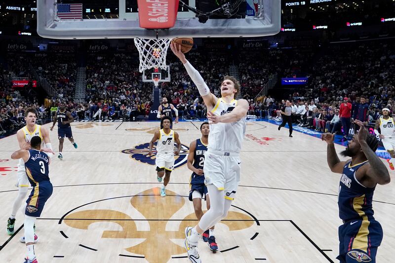 Utah Jazz forward Lauri Markkanen goes to the basket in the second half of an NBA basketball game against the New Orleans Pelicans in New Orleans