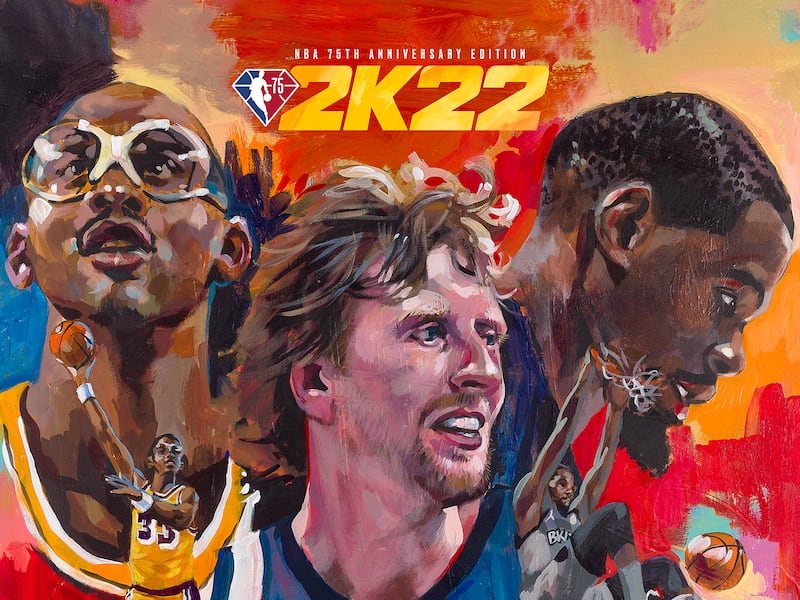 Kareem Abdul-Jabbar, Dirk Nowitzki, and Kevin Durant on the NBA 75th Anniversary Edition.