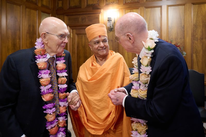President Dallin H. Oaks and President Henry B. Eyring of the church's First Presidency meet His Holiness Brahmavihari Swamiji, head of BAPS Hindu Mandir Abu Dhabi, in Salt Lake City, Utah, on Wednesday, June 18, 2025.