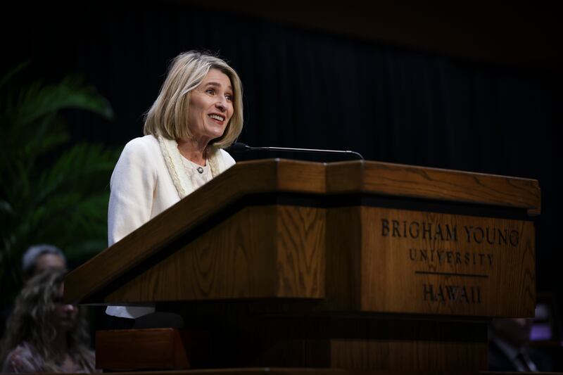 Relief Society General President Camille N. Johnson speaks at a BYU-Hawaii devotional on Tuesday, Jan. 28, 2025.