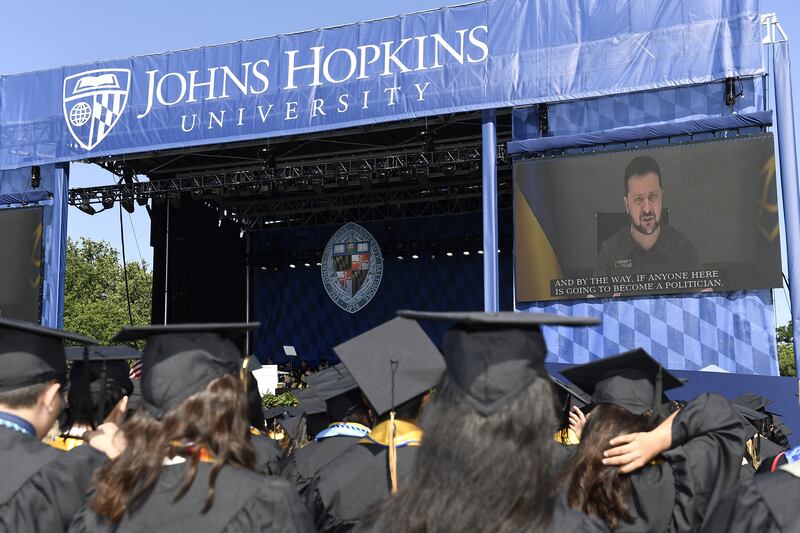 Ukrainian President Volodymyr Zelenskyy addresses the graduating class of Johns Hopkins University via livestream from Ukraine, May 25, 2023.
