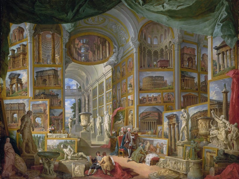 A painting filled with ancient statues and depictions of ancient buildings.