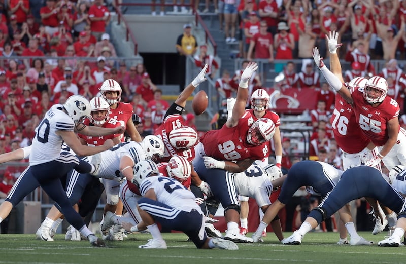 BYU kicker Skyler Southam converts a fourth-quarter field goal against Wisconsin Saturday, Sept. 15, 2018, in Madison, Wis.