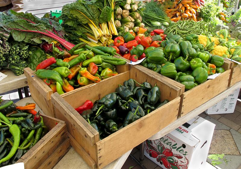 Colorful display of organic produce at Farmers Market.