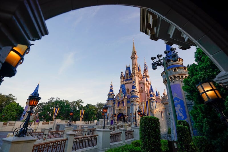 The newly painted Cinderella Castle at the Magic Kingdom at Walt Disney World on Aug. 30, 2021, in Lake Buena Vista, Fla.