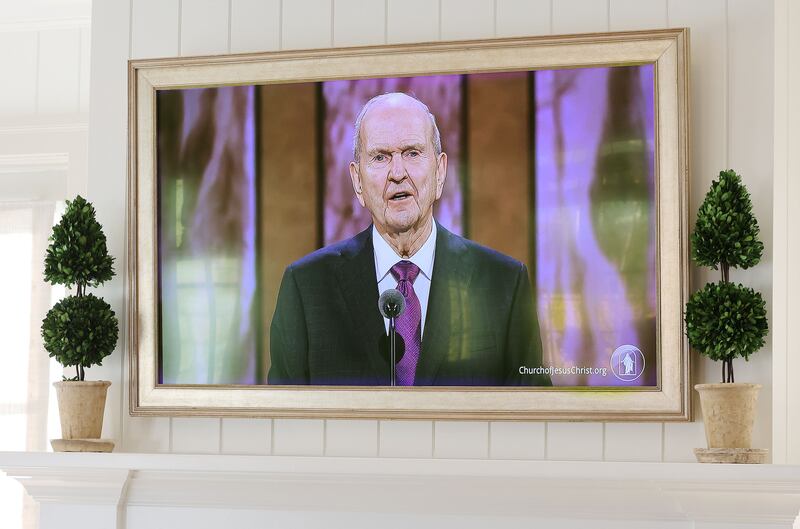 President Russell M. Nelson is pictured on a television in the home of Thomas and Mandi Godfrey, of Holladay, Utah.