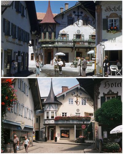 With the help of Google Street View, Taylor Dahl, a recent BYU graduate, traveled Europe recreating photos that his grandpa took over 67 years ago. This photo was taken in Oberammergau, Germany.