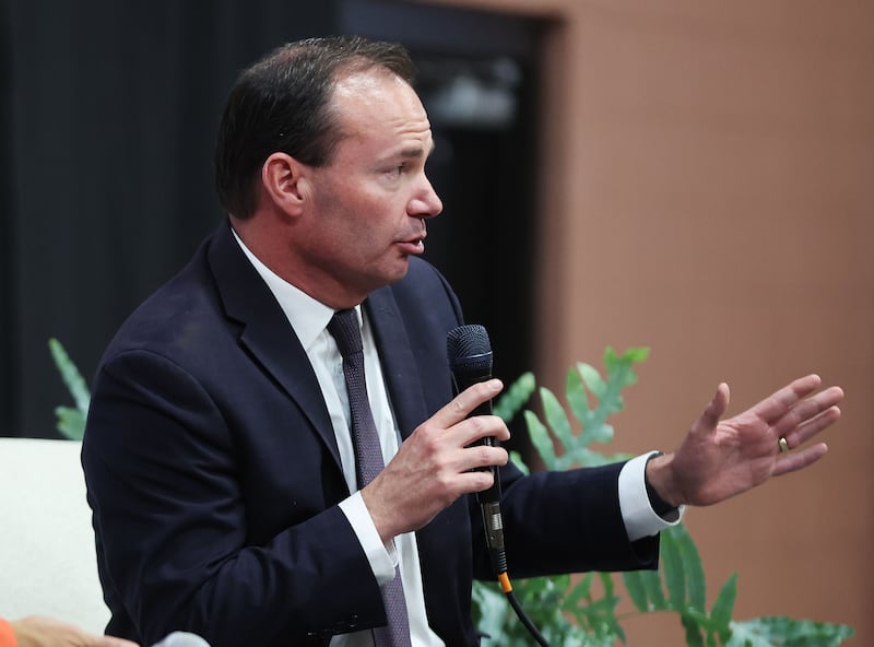 Sen. Mike Lee, R-Utah, speaks during a rally at the American Preparatory Academy in Draper on Oct. 27, 2022.