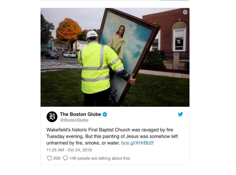 One painting survived a fire at a church in Massachusetts earlier this week. It was a picture of Jesus Christ.