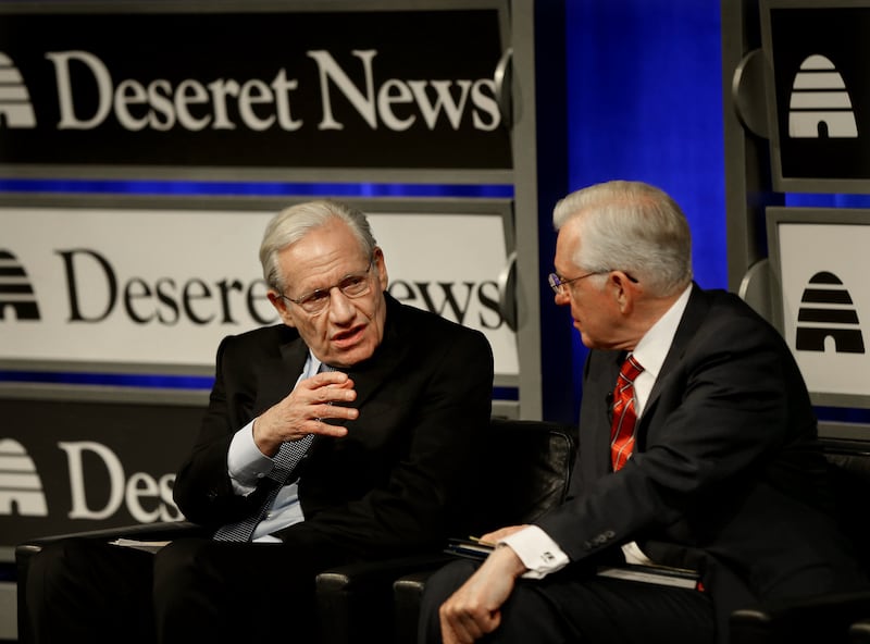 Bob Woodward, Washington Post reporter who broke the Watergate story in 1973 and current associate editor at the Post, speaks to Elder D. Todd Christofferson, a member of the Quorum of the Twelve Apostles for The Church of Jesus Christ of Latter-day Saint