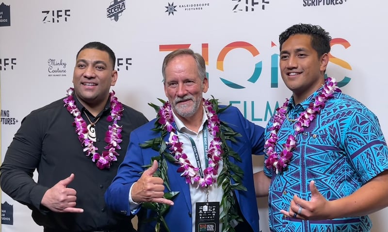Tane Falevai, director Blair Treu and Malcolm Timoteo of "Sharing Aloha" pose after the world premiere on Feb. 26, 2025.