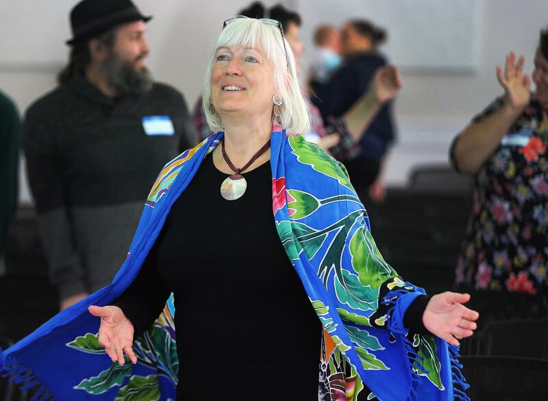 Susan Soleil participates prior to speaking during Sunday Assembly in Salt Lake City on Sunday, Feb. 11, 2018. Sunday Assembly is a nonprofit group designed to serve atheists, agnostics, humanists and other religiously unaffiliated adults in Utah.