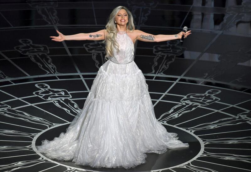 Lady Gaga performs on stage at the Oscars on Sunday, Feb. 22, 2015, at the Dolby Theatre in Los Angeles.