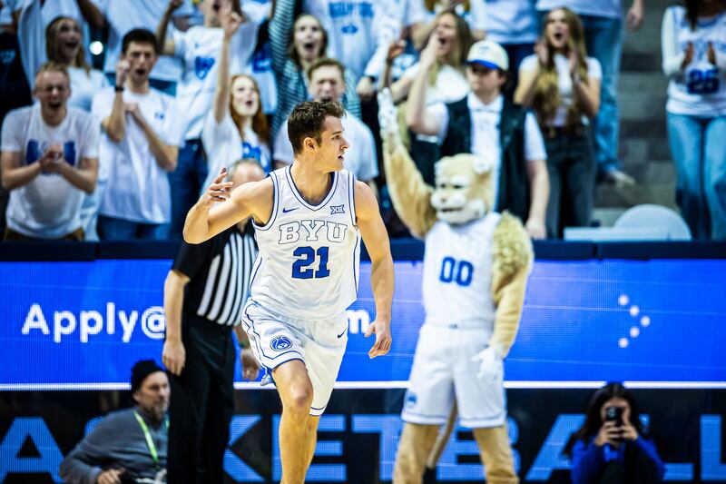 BYU guard Trevin Knell heads up court after draining a 3 during victory over Cincinnati Saturday, Jan. 25, 2025, at the Marriott Center in Provo.