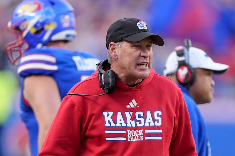 Kansas head coach Lance Leipold talks to his players during game against Colorado, Saturday, Nov. 23, 2024, in Kansas City, Mo.