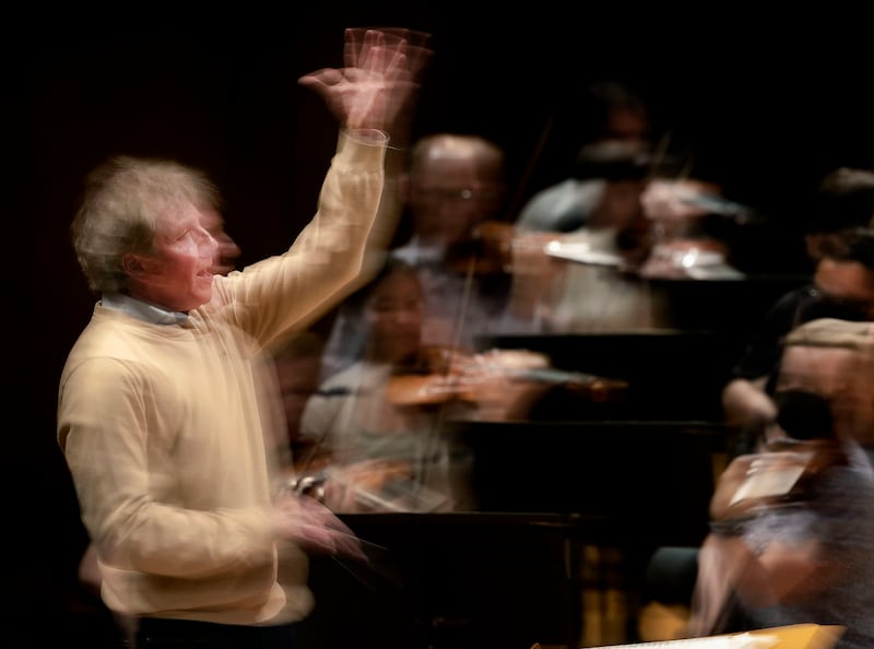 Thierry Fischer, the music director of the Utah Symphony, conducts during rehearsal at Abravanel Hall in Salt Lake City on Thursday, May 25, 2023. Fischer concludes his 14 years with the symphony this weekend.