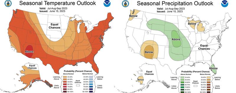 These maps show the combined outlook for temperature, left, and precipitation, right, for months of July, August and September. The maps indicate a higher probability for above-normal temperatures across Utah, while it's unclear if precipitation will be above, below or near normal.