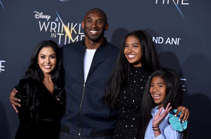 Vanessa Bryant continues to post about the loss of her husband and daughter. This Feb. 26, 2018 file photo shows Vanessa Bryant, from left, Kobe Bryant, Natalia Bryant and Gianna Maria-Onore Bryant at the world premiere of “A Wrinkle in Time” in Los Angeles.