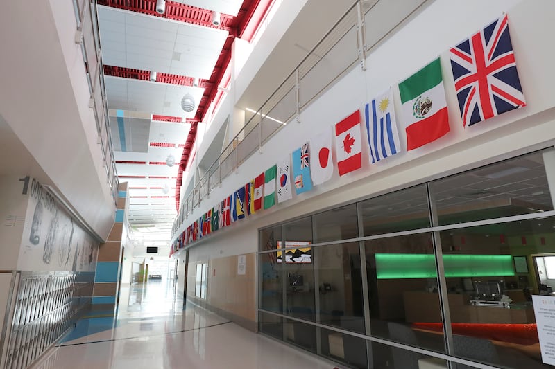 An empty hallway at Mount Jordan Middle School in Sandy is pictured on April 14, 2020.
