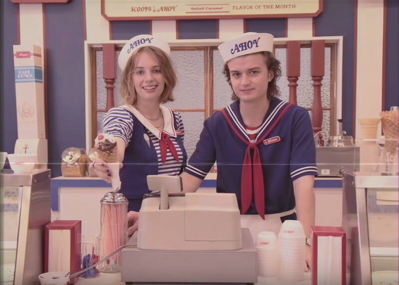 In a new teaser for "Stranger Things" season three, Steve Harrington, played by Joe Keery, works alongside Robin, played by Maya Hawke, at the ice cream shop Scoops Ahoy.