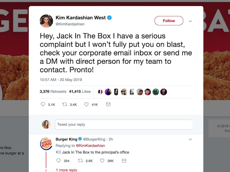 Kim Kardashian called out Jack in the Box in front of her 60 million Twitter followers Monday, claiming to have a “serious complaint” about its services.