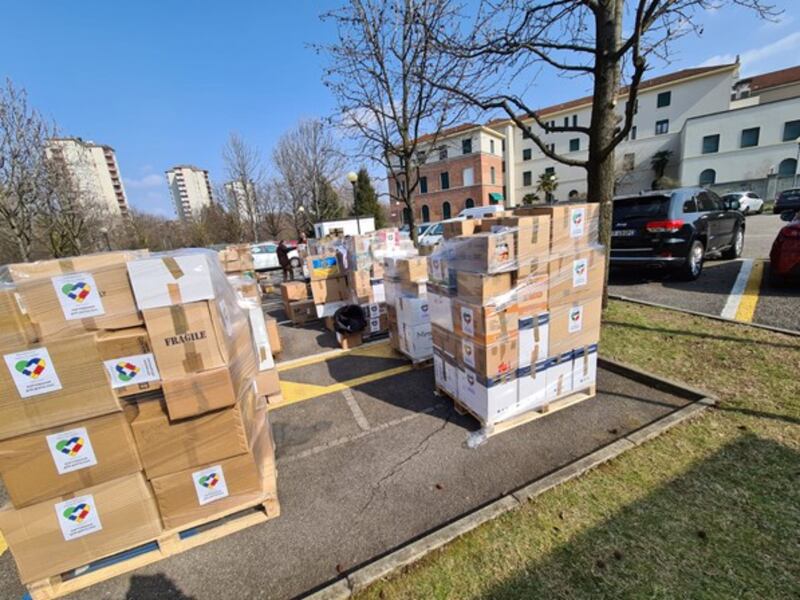 Essential goods collected by Latter-day Saint in Milan, Italy, ready to be shipped to Ukraine.