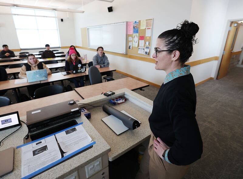 Sarah Reale teaches U.S. government and politics at the Salt Lake Community College Jordan campus on April 5, 2023.