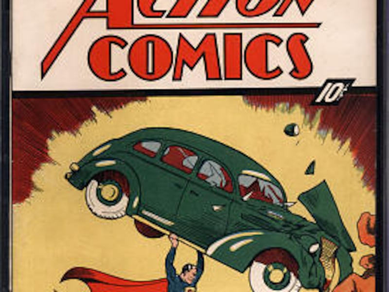 The 1938 edition of Action Comics No. 1 features Superman lifting a car on its cover and originally cost 10 cents.