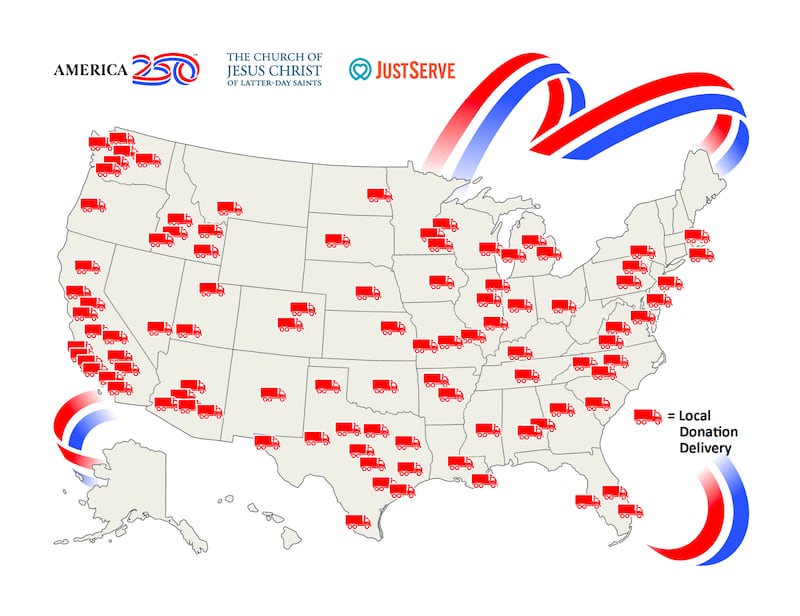 A graphic pictures a map showing where The Church of Jesus Christ of Latter-day Saints has delivered food donations in celebration of America's 250th anniversary in 2026.