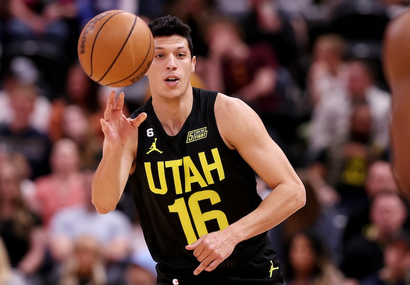 Utah Jazz’s Simone Fontecchio passes the ball as the Jazz play Denver at Vivint Arena in Salt Lake City on April 8, 2023.