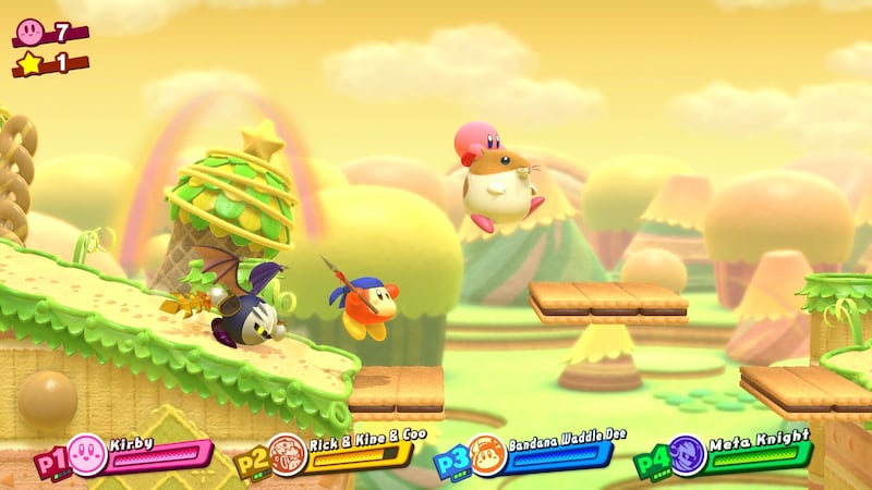 Kirby can team up with enemies and allies from past titles through Dream Palaces. From left: Meta Knight, Bandana Waddle-Dee, Kirby and Rick the Hamster.