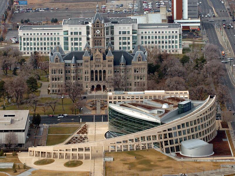 Salt Lake City main library as seen from KSL-TV Chopper 5. Photo by Ravell Call, Deseret Morning News, KSL-TV Chopper 5. In the background is the City County Building. January 28, 2005 (Submission date: 01/28/2005)