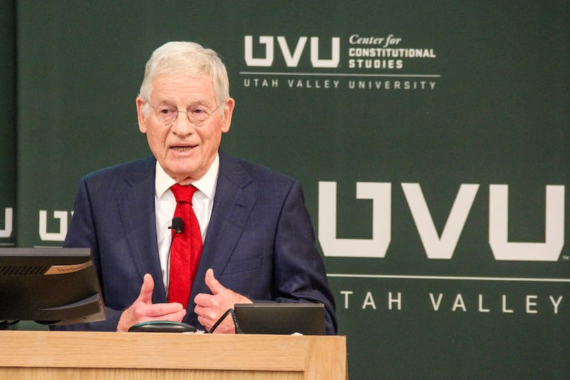 Harvey Mansfield addresses Utah Valley University students and faculty in the Clarke Building on Oct. 25, 2023.