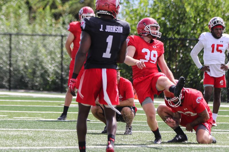 Utah kicker Andrew Strauch during fall camp earlier this month.