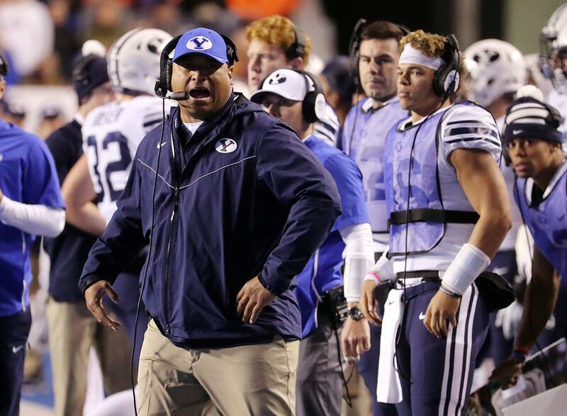 BYU coach Kalani Sitake yells instructions during game against Boise State on Saturday, Nov. 3, 2018.