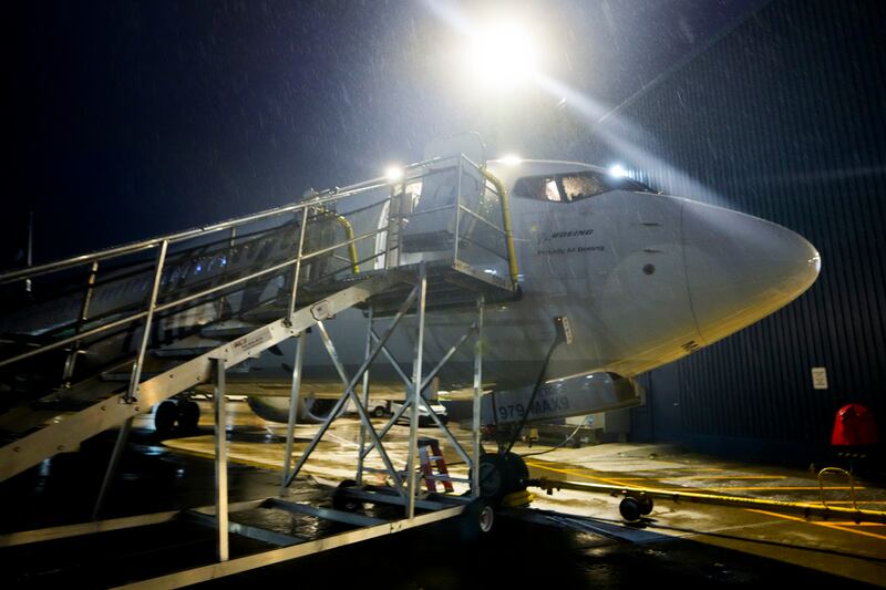 An Alaska Airlines Boeing 737 Max 9 aircraft awaits inspection outside the airline’s hangar at Seattle-Tacoma International Airport.